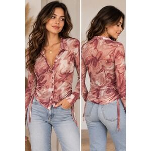 Skönhet Pink Marble Print Mesh Ruched Side Button Down Shirt Y2K Aesthetic
